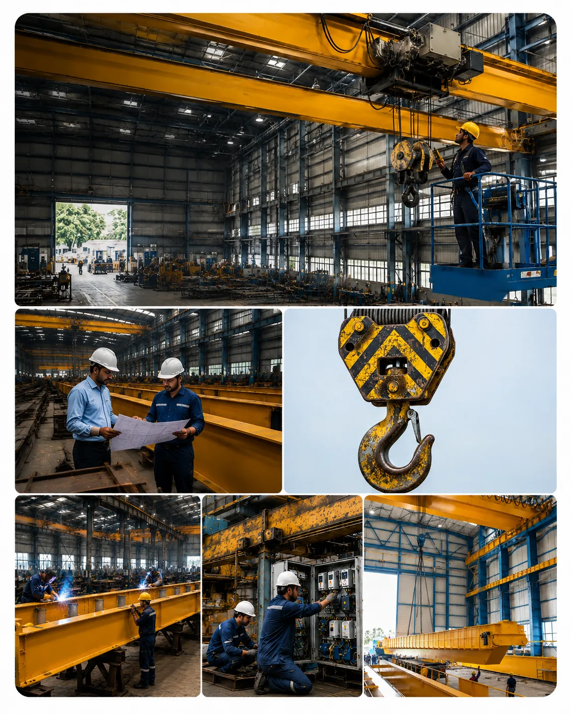 Workshop crane bays, engineers reviewing a drawing, a hook block close-up, welding and panel wiring
