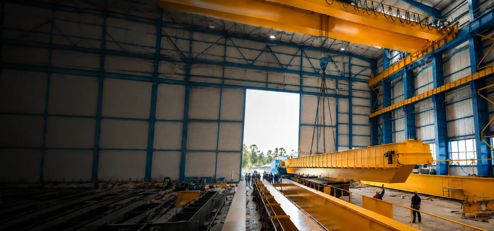Fabrication bay with a yellow overhead crane girder under assembly