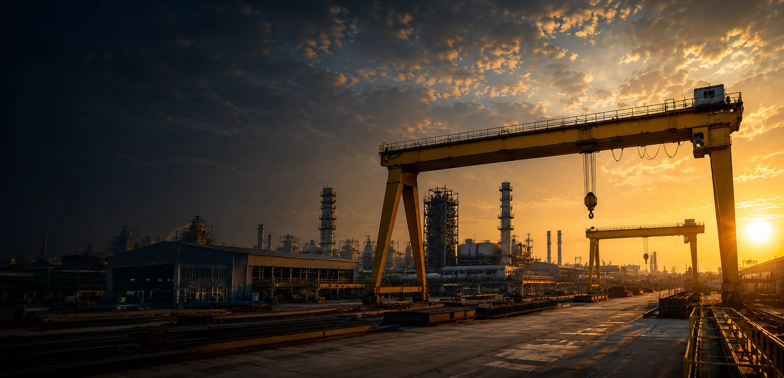 Yellow gantry crane over a rail yard at sunset with refinery towers on the skyline