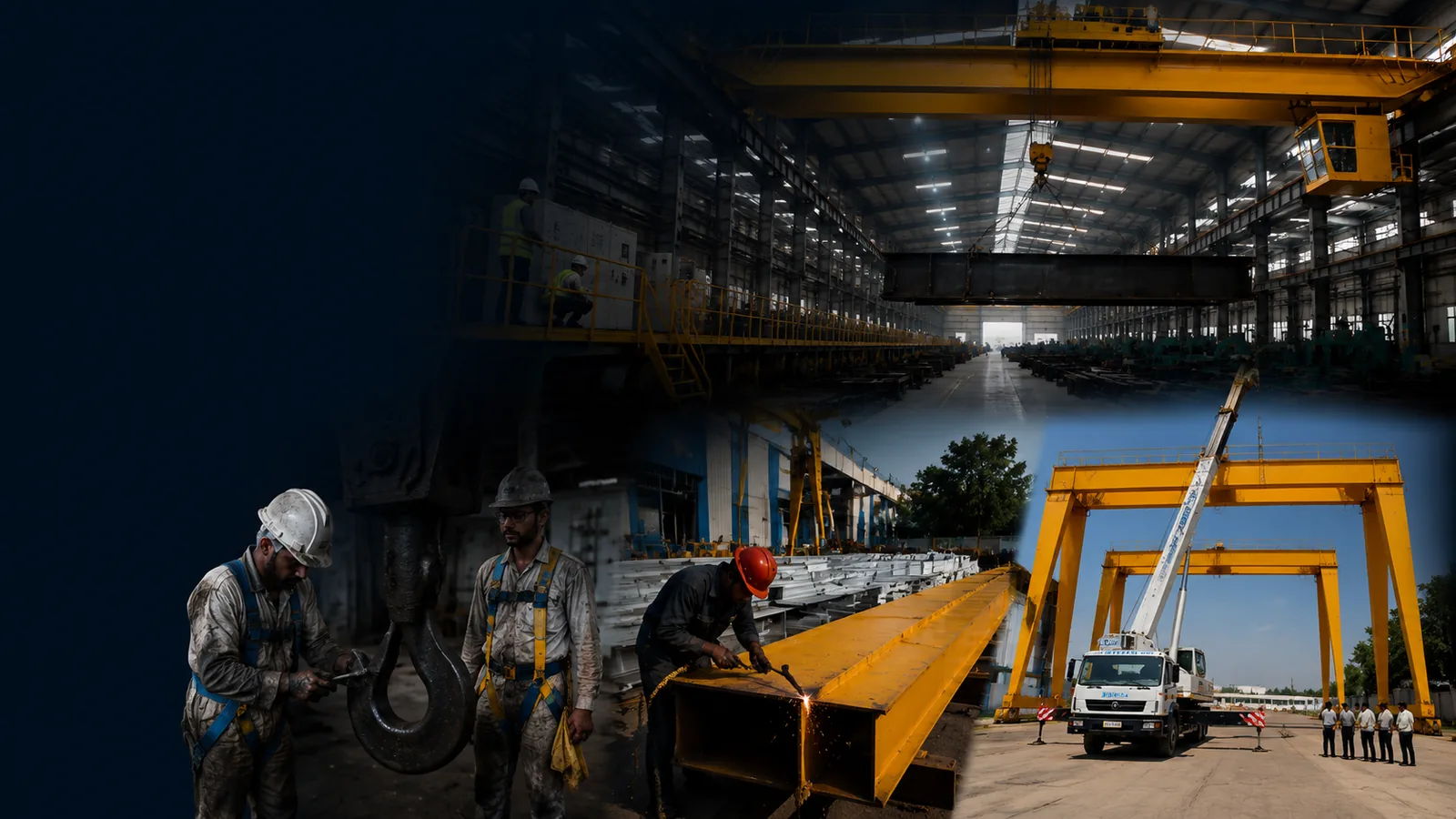 Workers fitting a steel girder; a yellow gantry crane in an outdoor yard