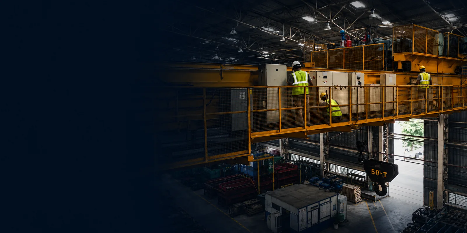 Elevated crane walkway with engineers working at electrical cabinets on the crane bridge