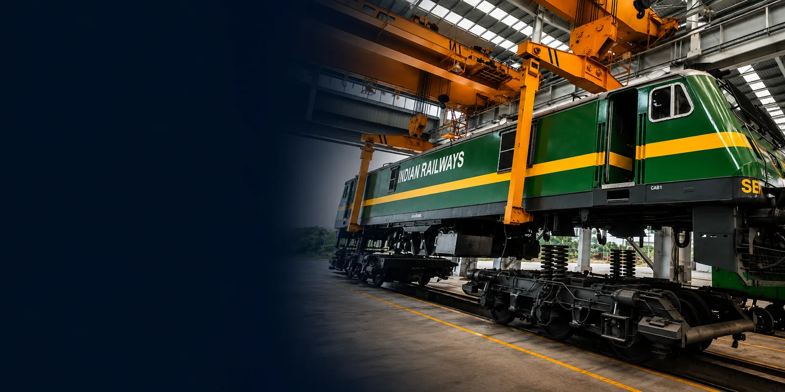 A locomotive being lifted inside a workshop