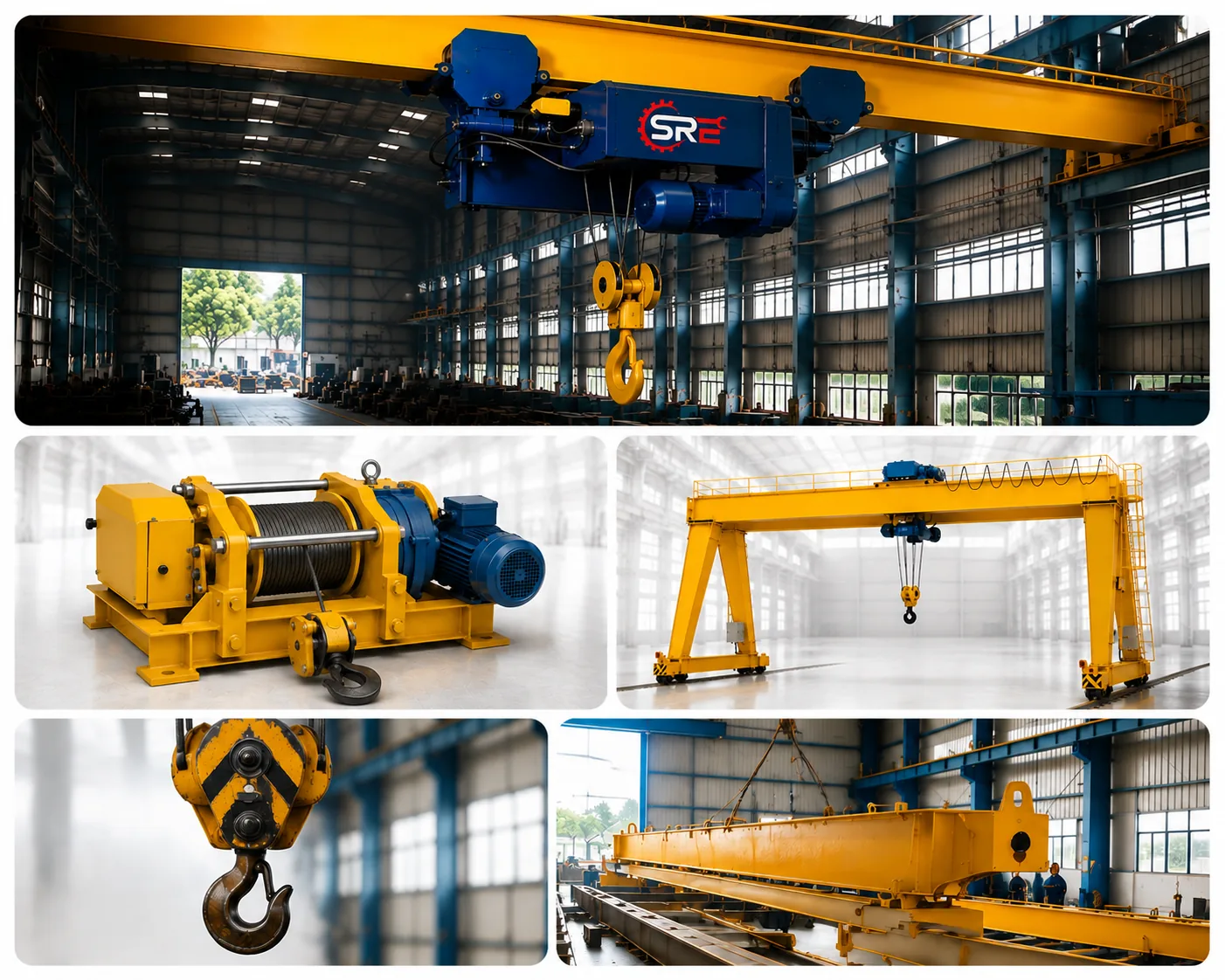 SRE cranes: double-girder EOT crane, winch, gantry crane, hook block, girder in a bay