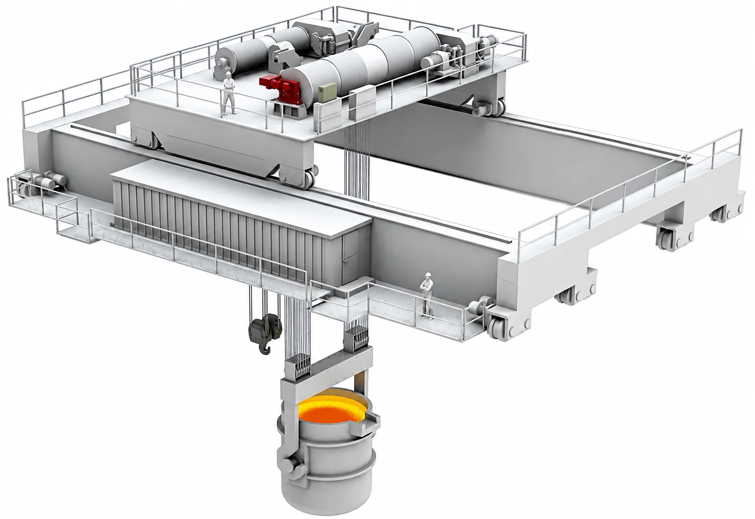 Double-girder EOT crane with an E-room lifting a ladle of molten metal