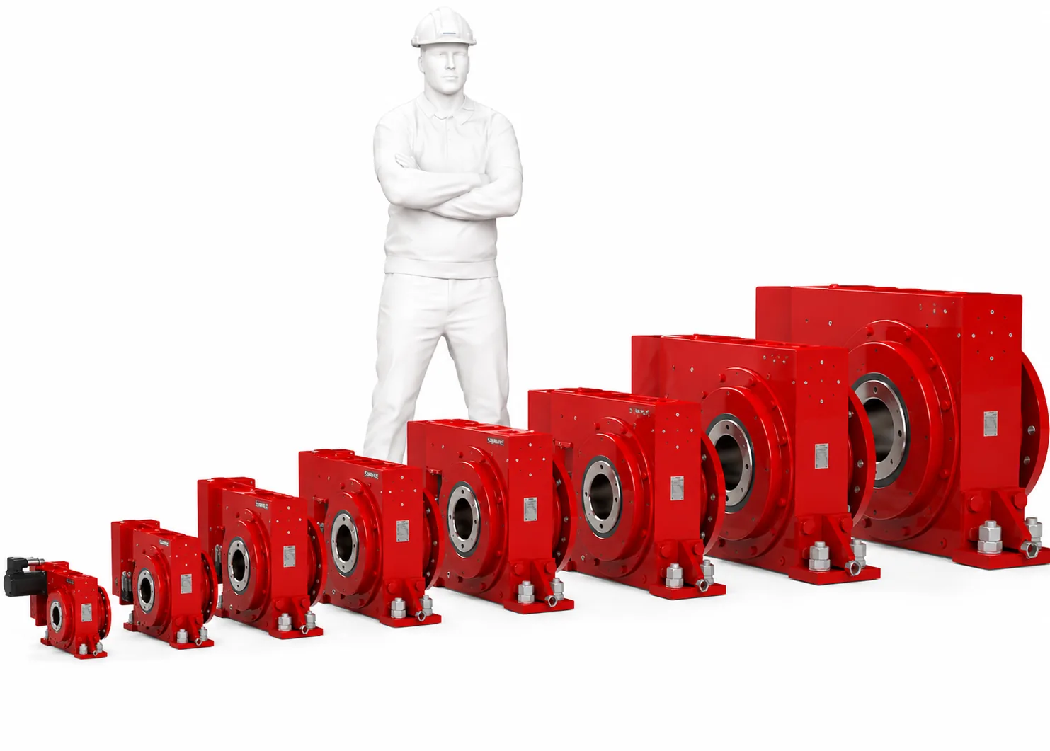 All eight MotoSuiveur unit sizes lined up beside a human figure for scale