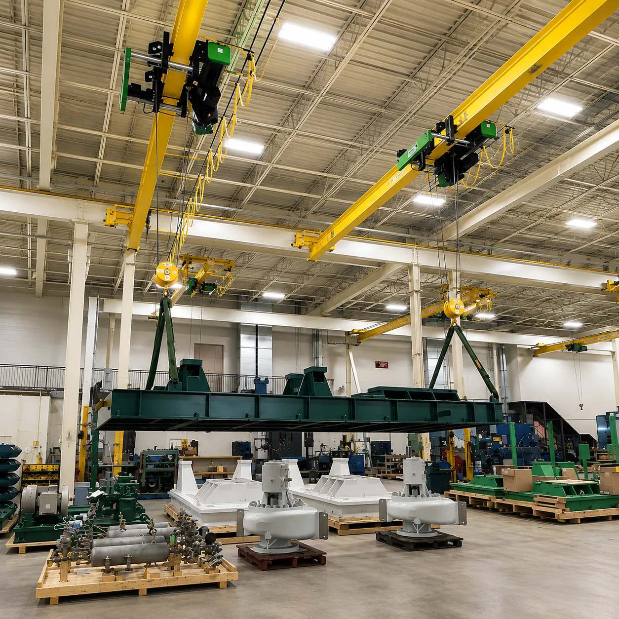 Workshop interior with overhead cranes